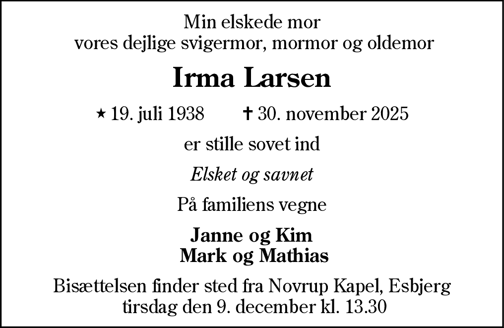 Dødsannonce for Irma Larsen