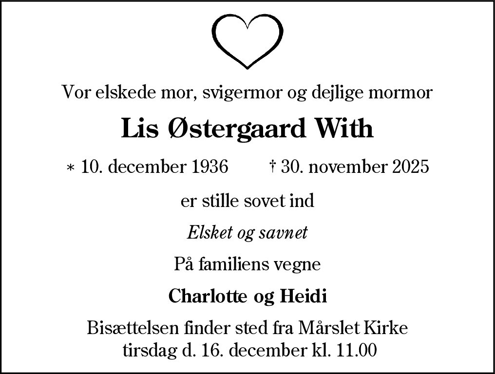 Dødsannonce for Lis Østergaard With