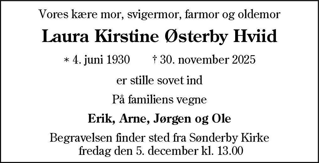 Dødsannonce for Laura Kirstine Østerby Hviid