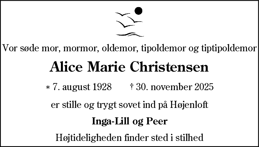 Dødsannonce for Alice Marie Christensen