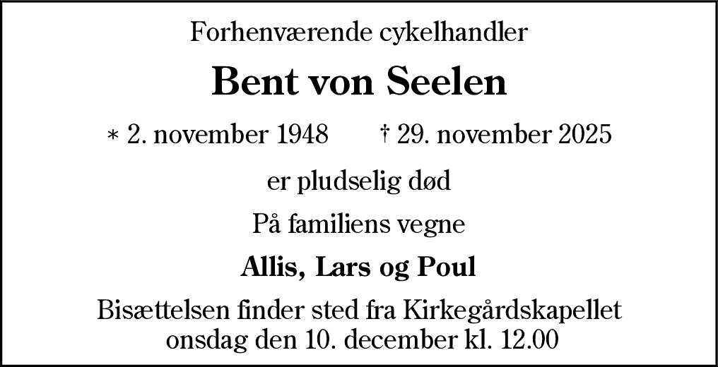 Dødsannonce for Bent von Seelen