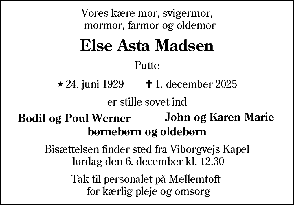 Dødsannonce for Else Asta Madsen