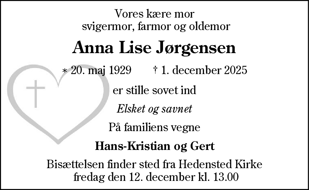 Dødsannonce for Anna Lise Jørgensen