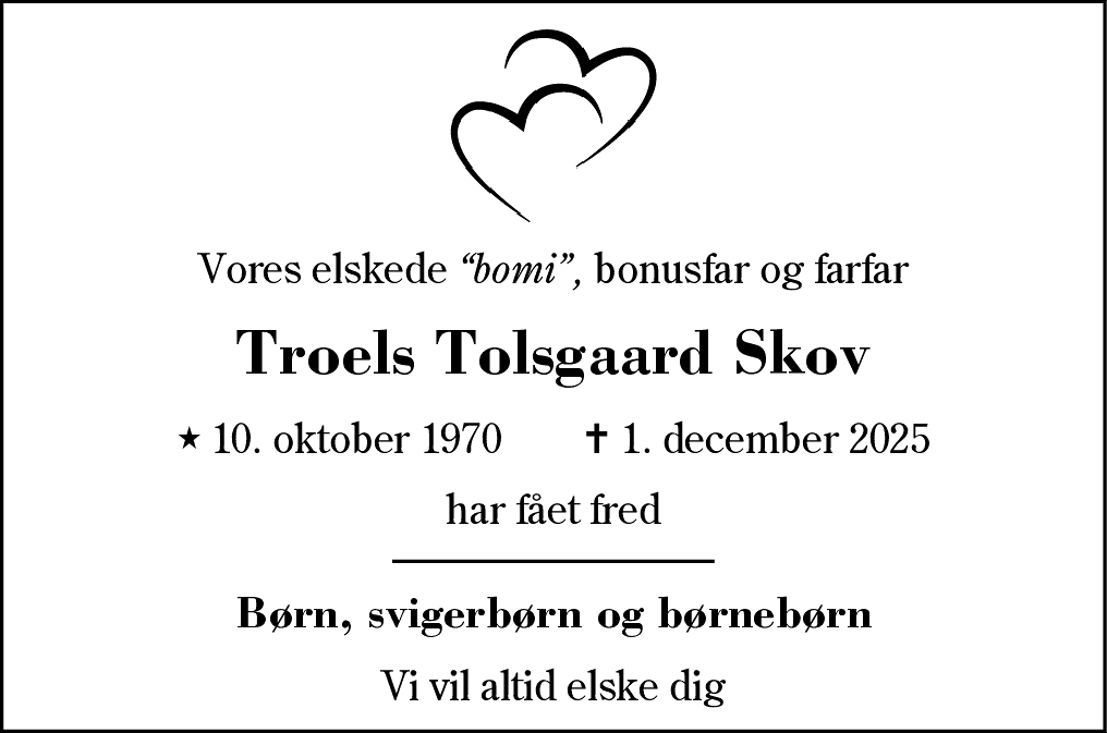 Dødsannonce for Troels Tolsgaard Skov