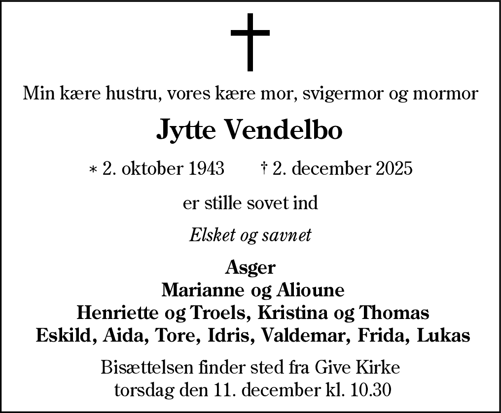 Dødsannonce for Jytte Vendelbo