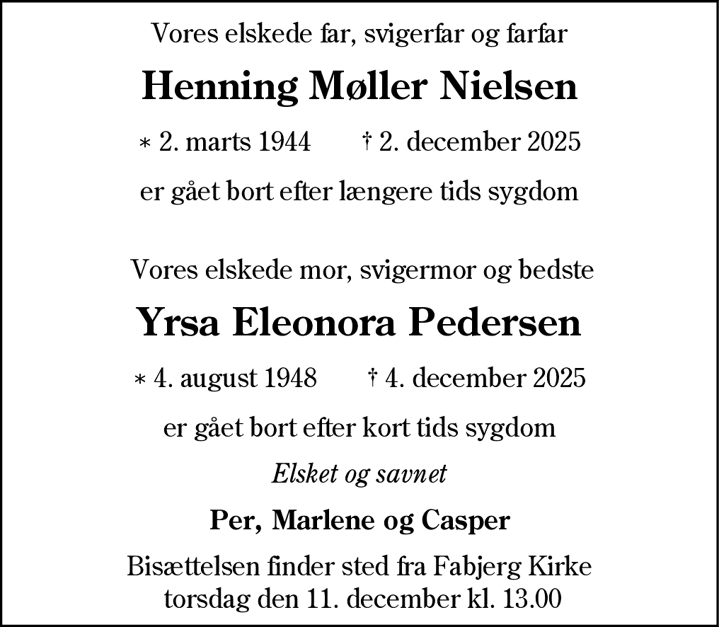 Dødsannonce for Henning Møller Nielsen og Yrsa Eleonora Pedersen