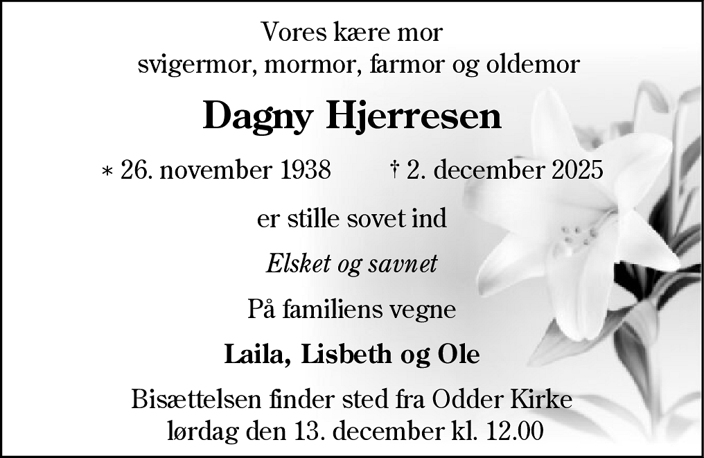 Dødsannonce for Dagny Hjerresen