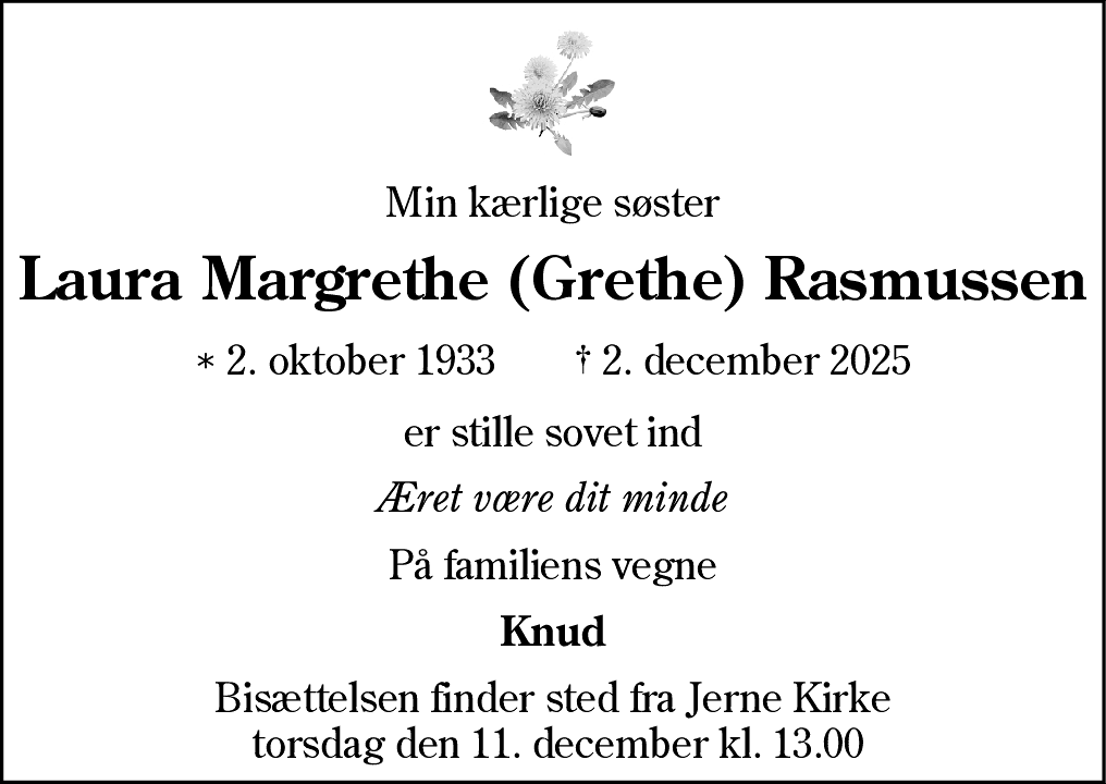 Dødsannonce for Laura Margrethe Rasmussen