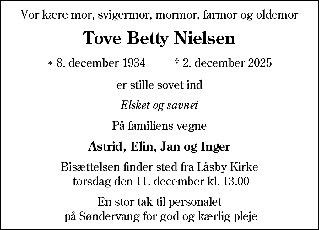 Dødsannonce for Tove Betty Nielsen