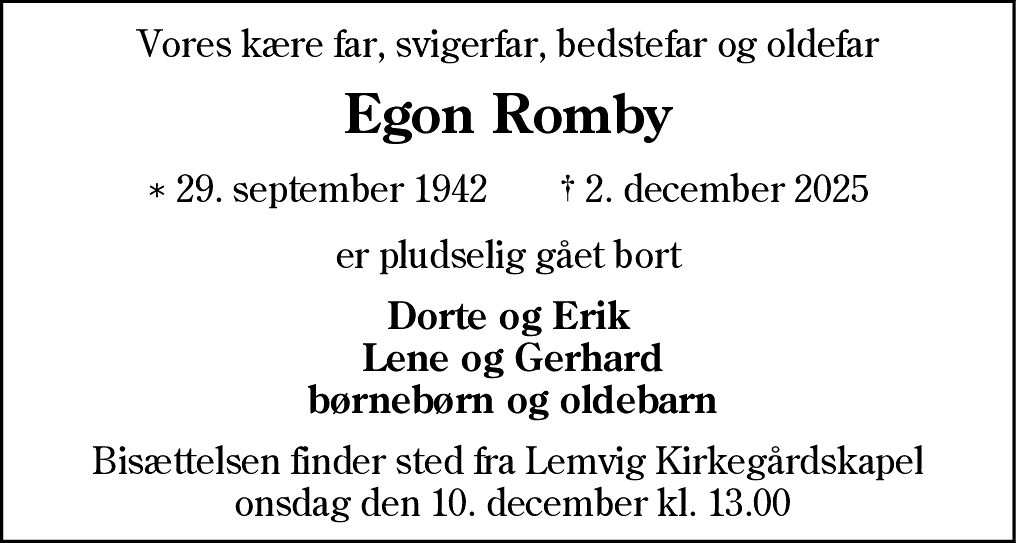 Dødsannonce for Egon Romby