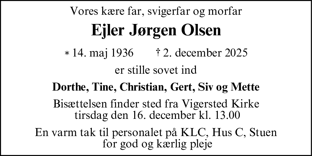 Dødsannonce for Ejler Jørgen Olsen