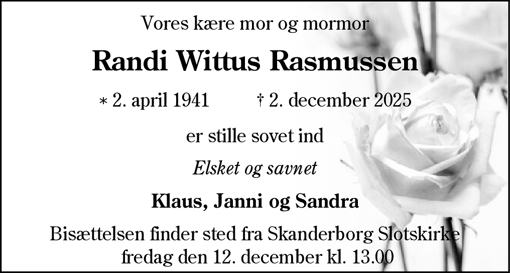 Dødsannonce for Randi Wittus Rasmussen