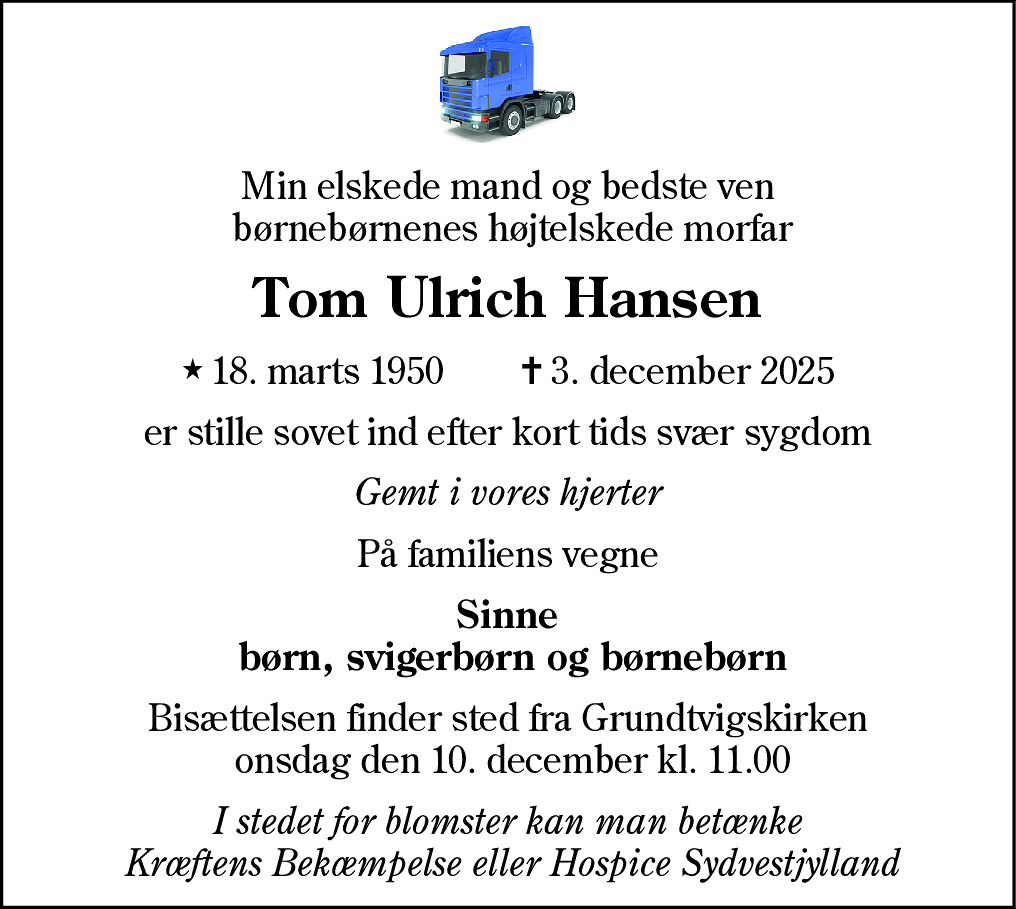 Dødsannonce for Tom Ulrich Hansen