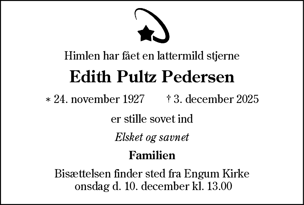 Dødsannonce for Edith Pultz Pedersen