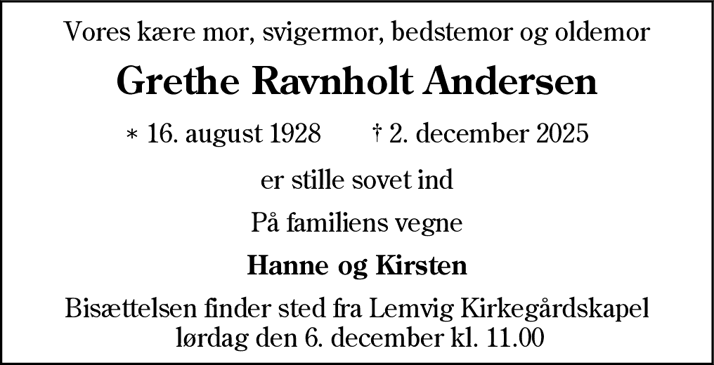 Dødsannonce for Grethe Ravnholt Andersen