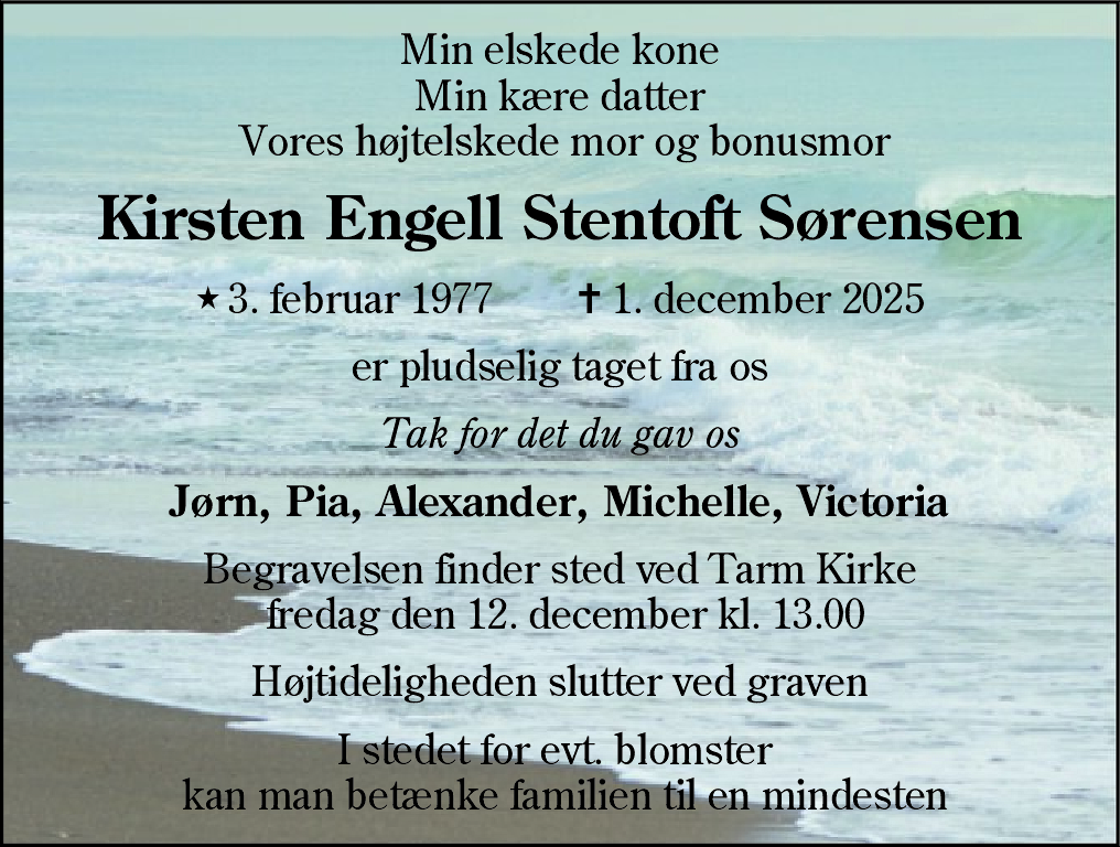 Dødsannonce for Kirsten Engell Stentoft Sørensen