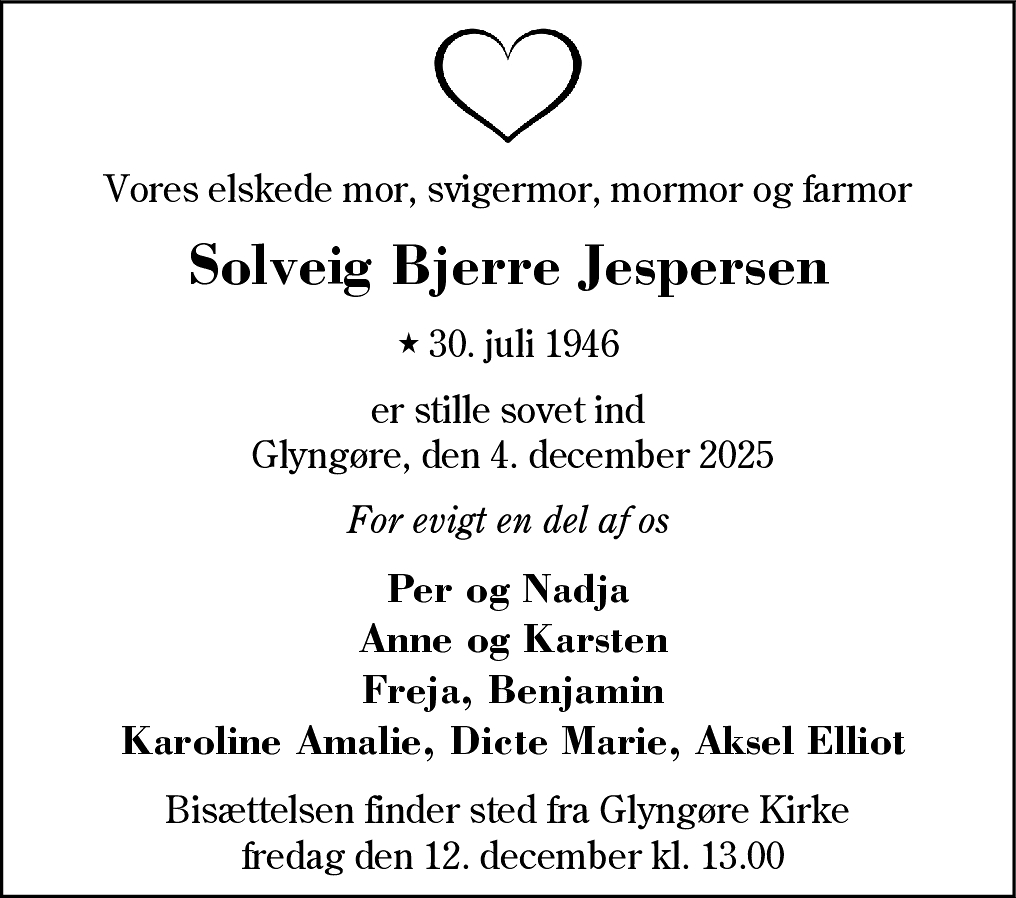 Dødsannonce for Solveig Bjerre Jespersen