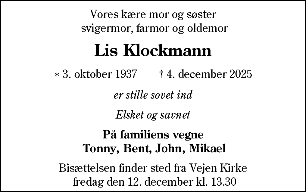 Dødsannonce for Lis Klockmann