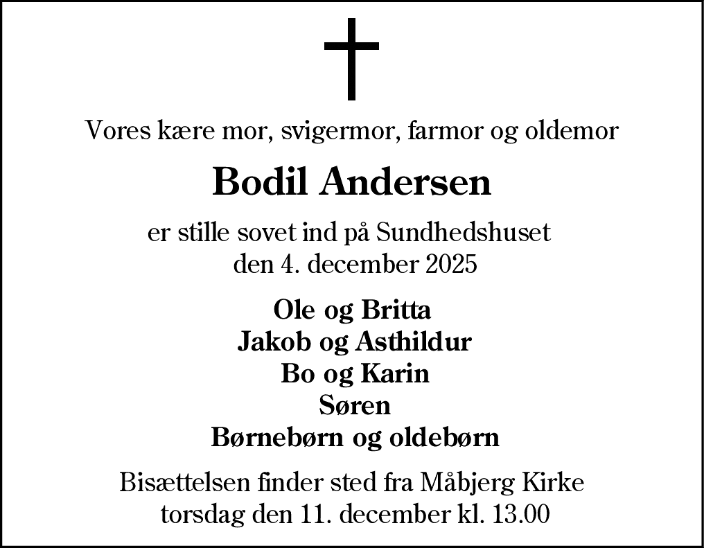 Dødsannonce for Bodil Andersen