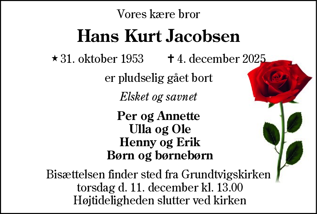 Dødsannonce for Hans Kurt Jacobsen