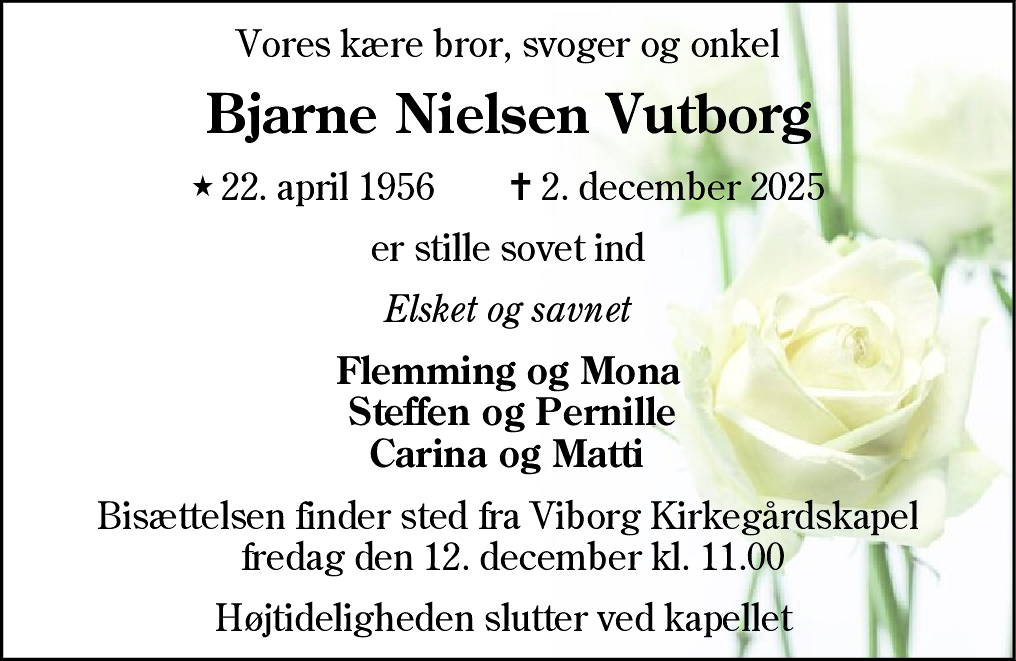 Dødsannonce for Bjarne Nielsen Vutborg