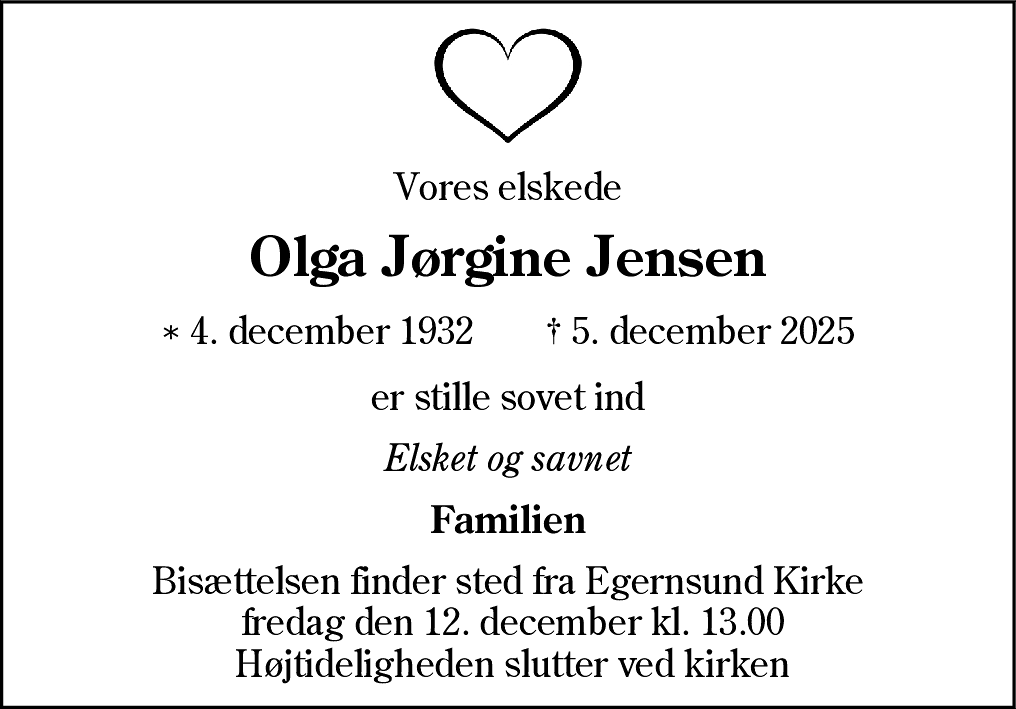 Dødsannonce for Olga Jørgine Jensen