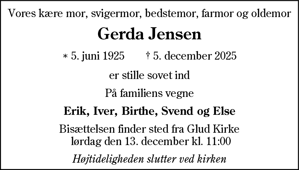 Dødsannonce for Gerda Jensen