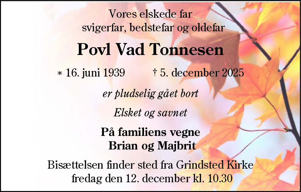 Dødsannonce for Povl Vad Tonnesen