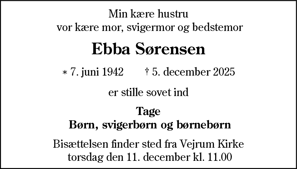 Dødsannonce for Ebba Sørensen