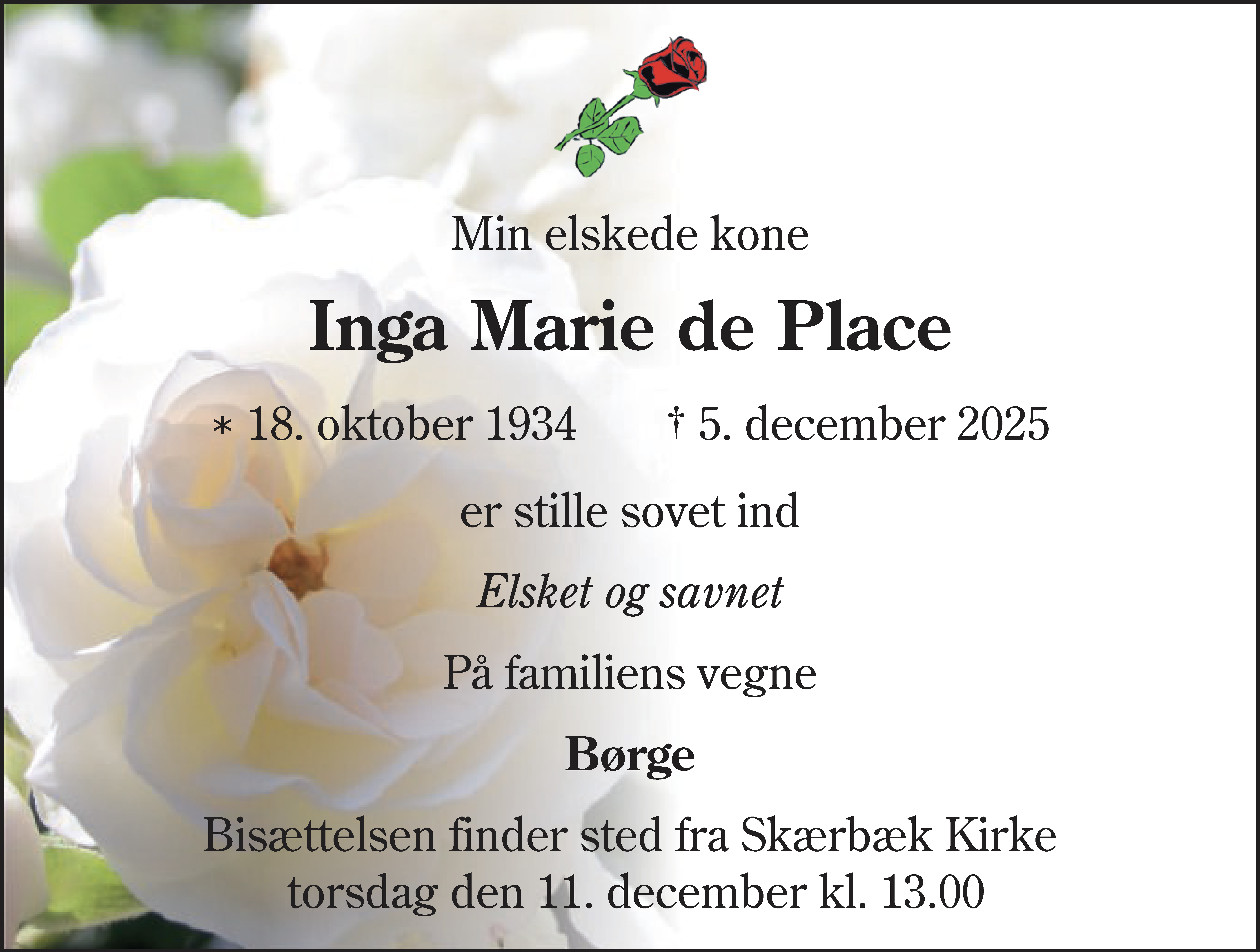 Dødsannonce for Inga Marie de Place