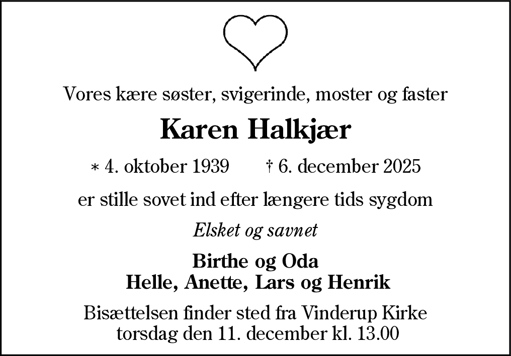 Dødsannonce for Karen Halkjær