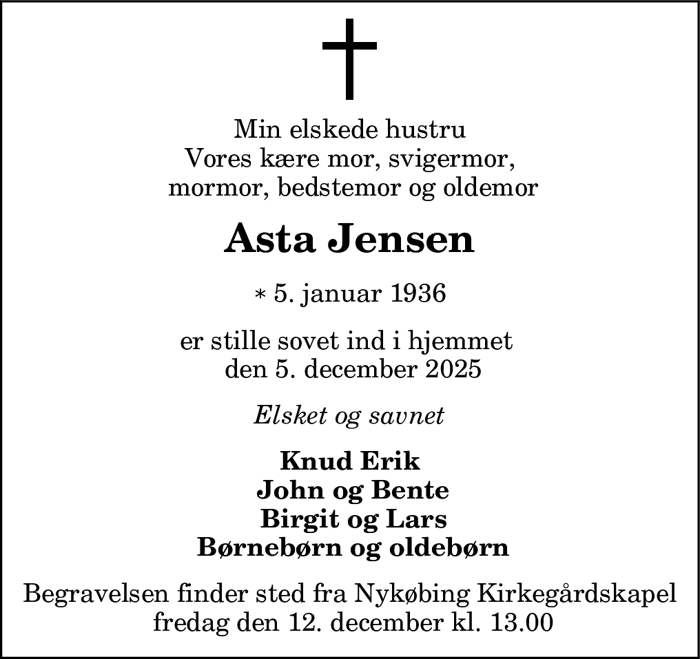 Dødsannonce for Asta Jensen