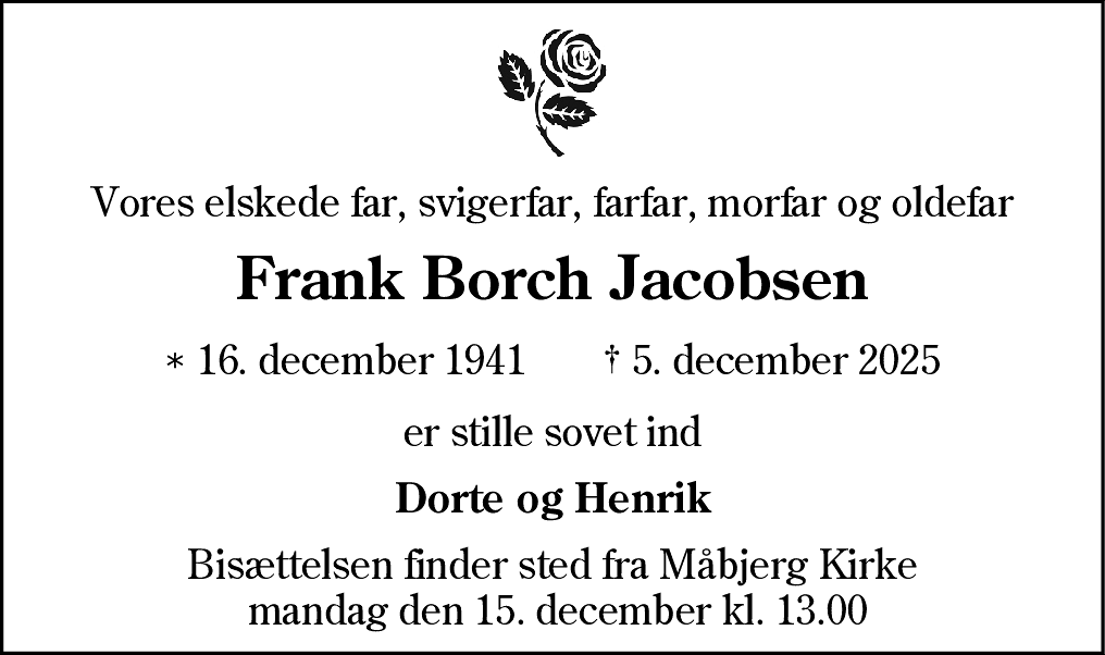 Dødsannonce for Frank Borch Jacobsen