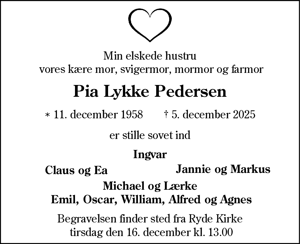 Dødsannonce for Pia Lykke Pedersen
