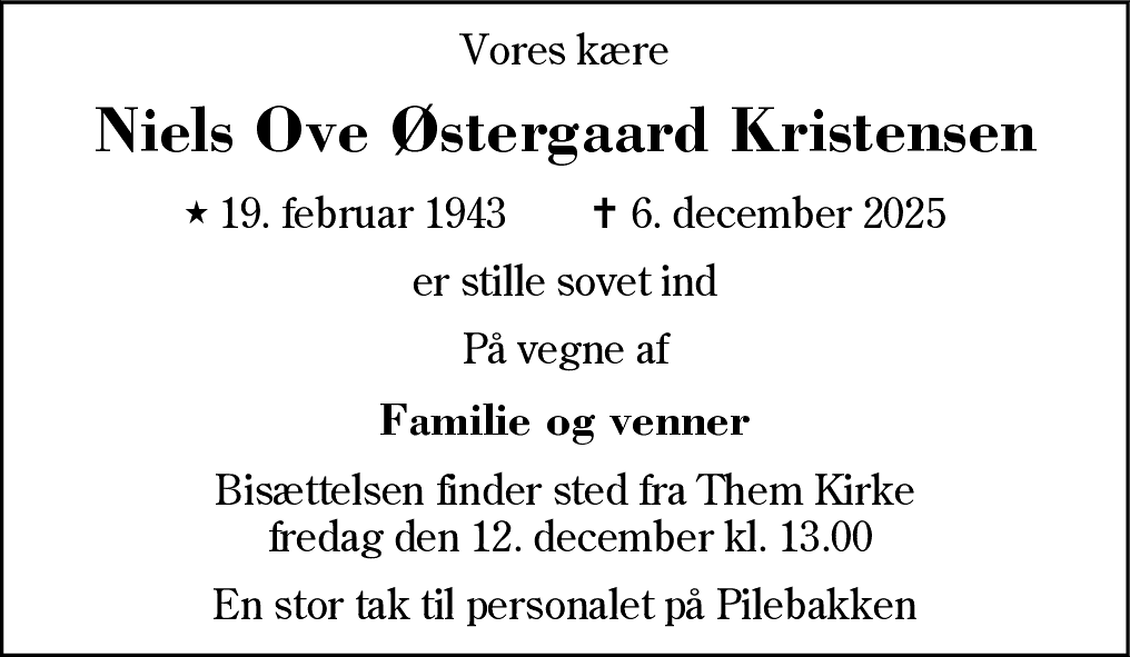 Dødsannonce for Niels Ove Østergaard Kristensen