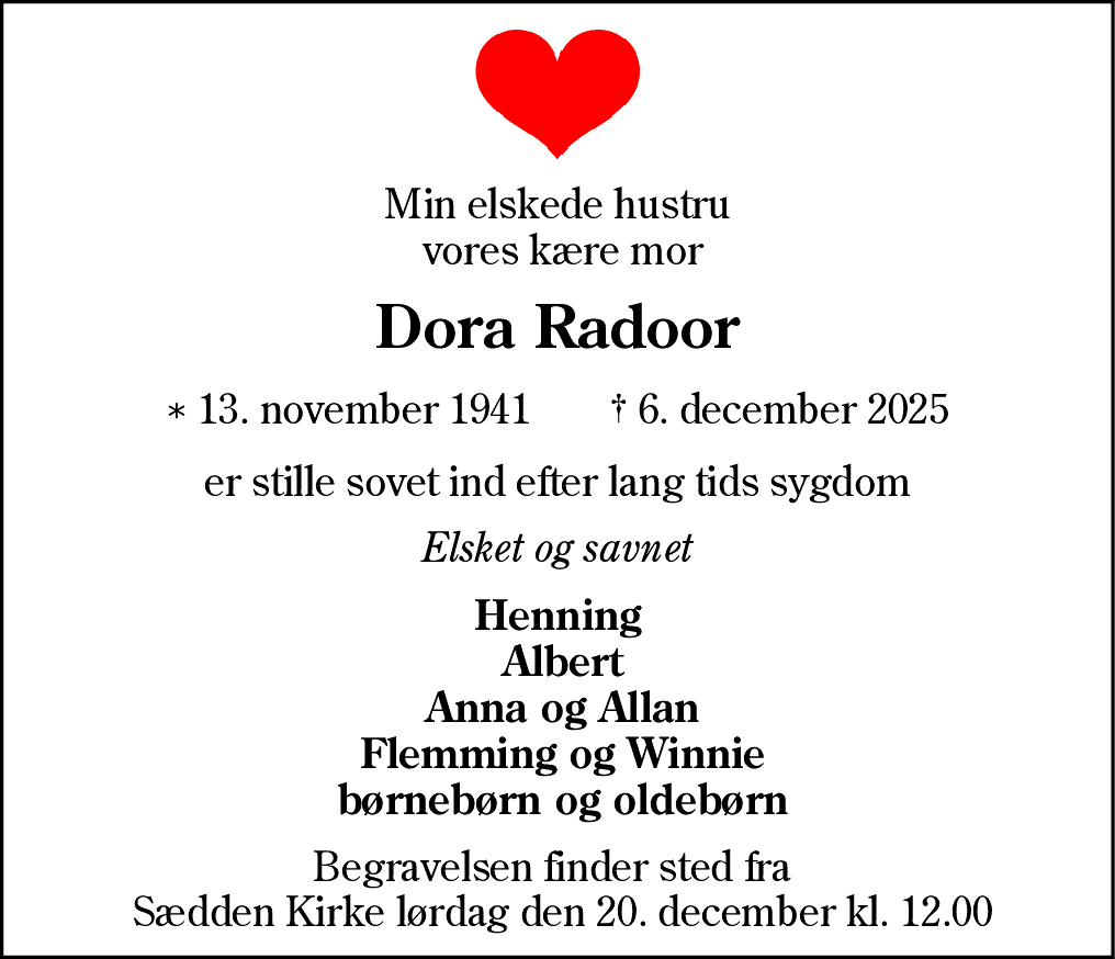 Dødsannonce for Dora Radoor