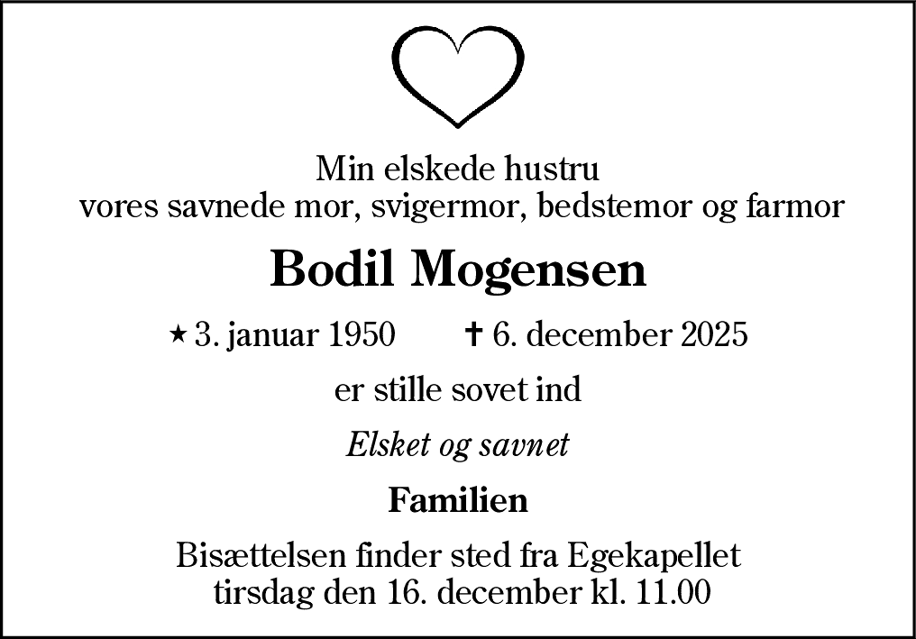 Dødsannonce for Bodil Irene Bach Mogensen