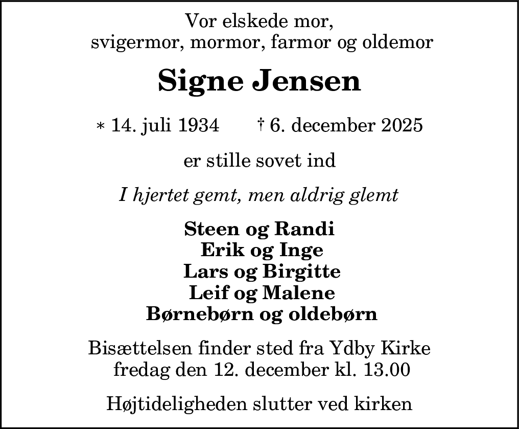Dødsannonce for Signe Jensen