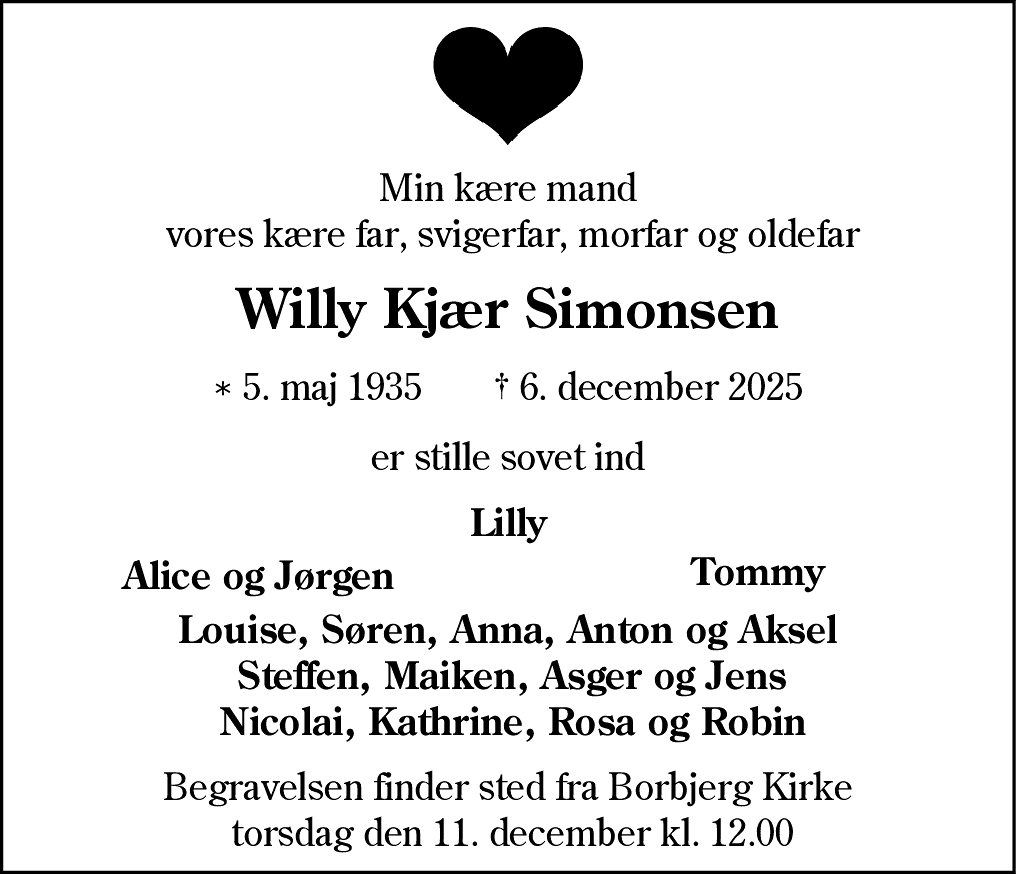 Dødsannonce for Willy Kjær Simonsen