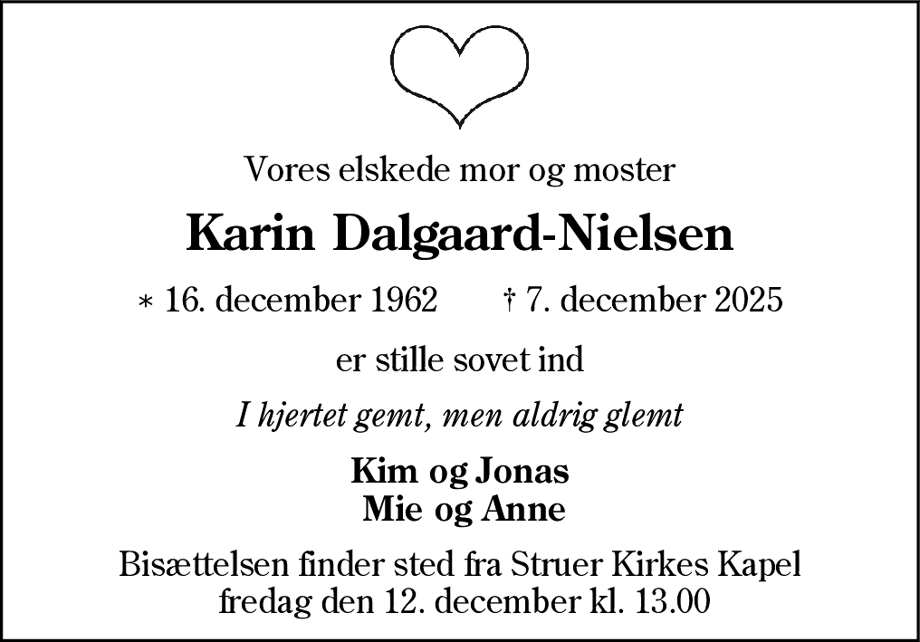 Dødsannonce for Karin Merete Dalgaard-Nielsen