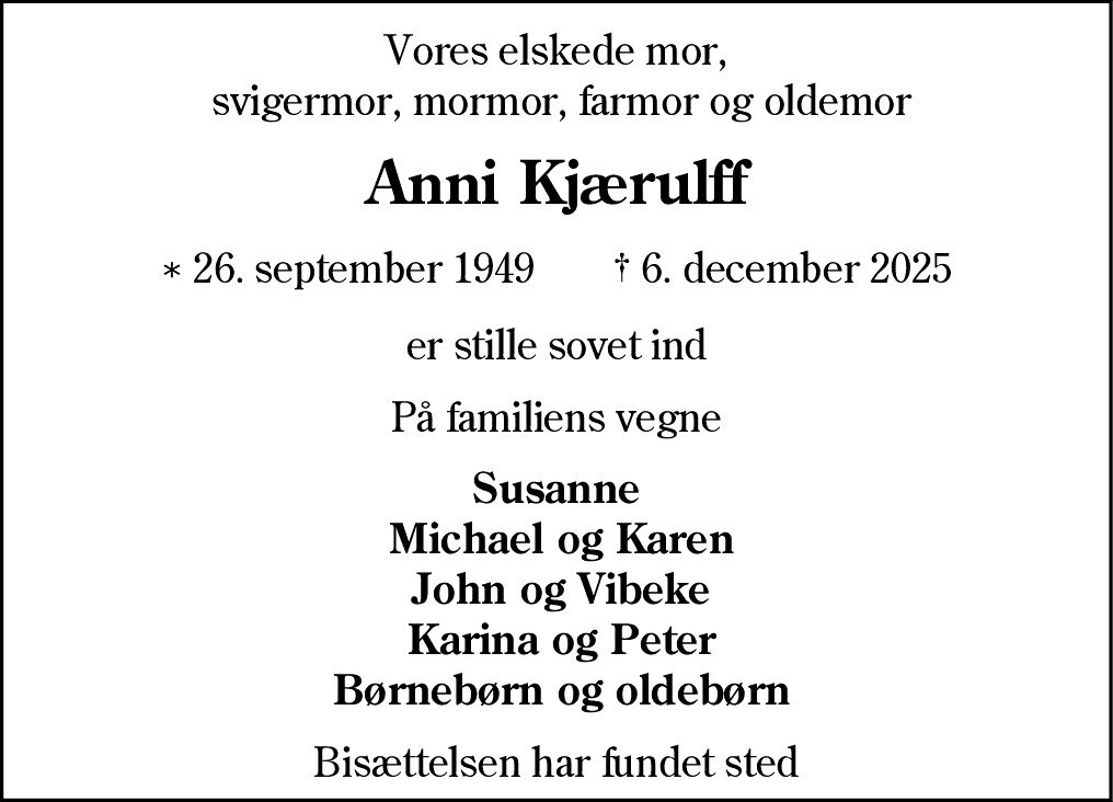 Dødsannonce for Anni Kjærulff