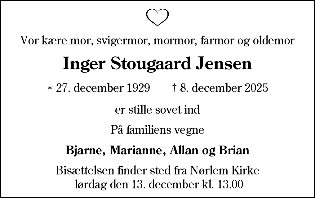 Dødsannonce for Inger Stougaard Jensen