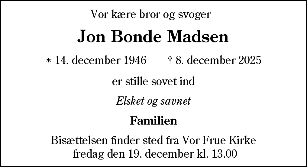 Dødsannonce for Jon Bonde Madsen