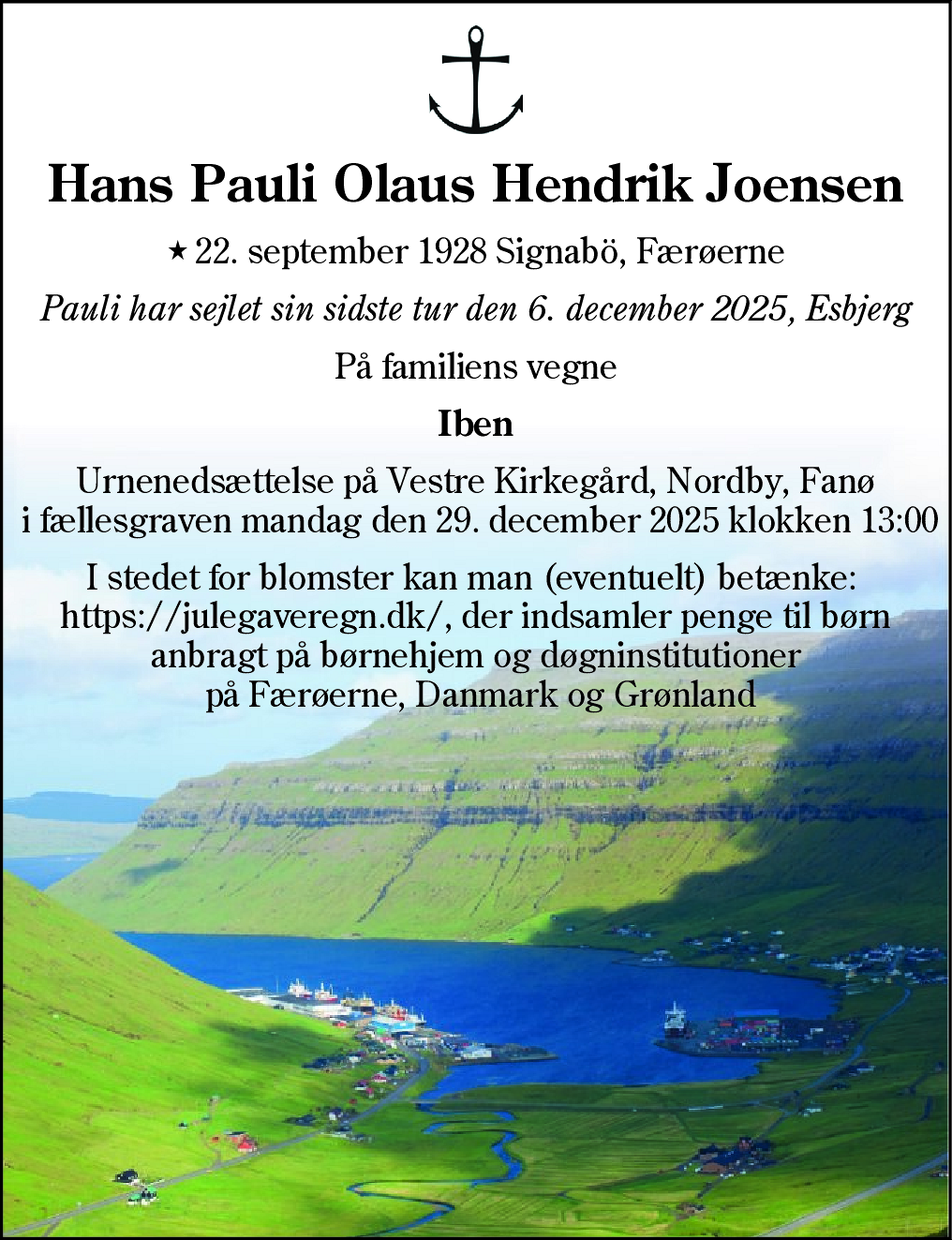 Dødsannonce for Hans Pauli Olaus Hendrik Joensen