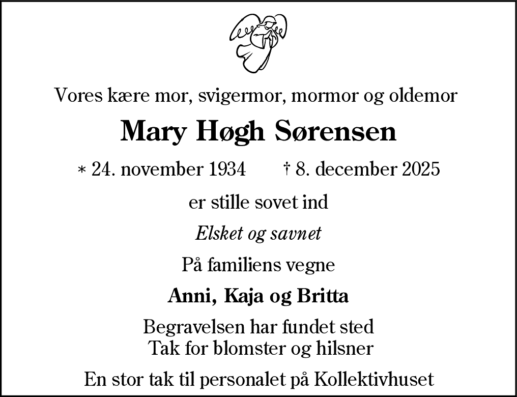 Dødsannonce for Mary Høgh Sørensen