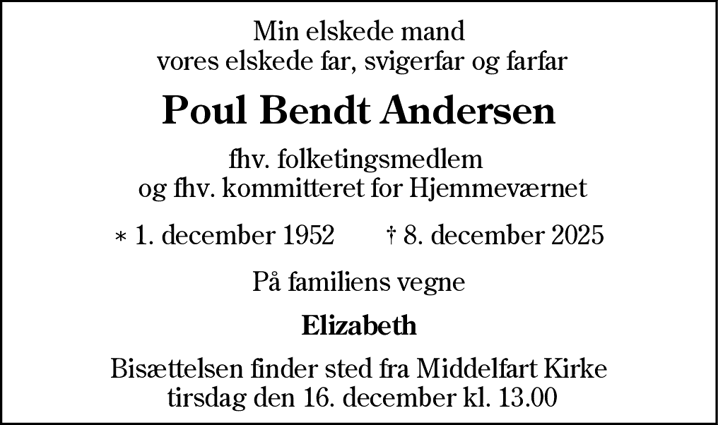Dødsannonce for Poul Bendt Andersen