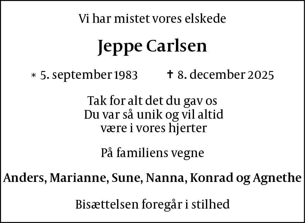 Dødsannonce for Jeppe Carlsen