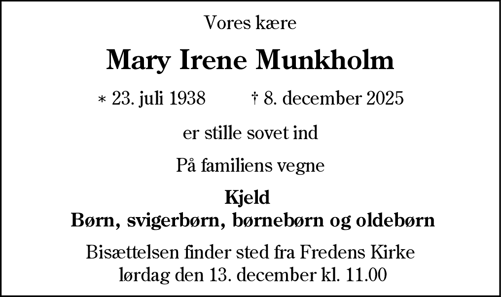Dødsannonce for Mary Irene Munkholm