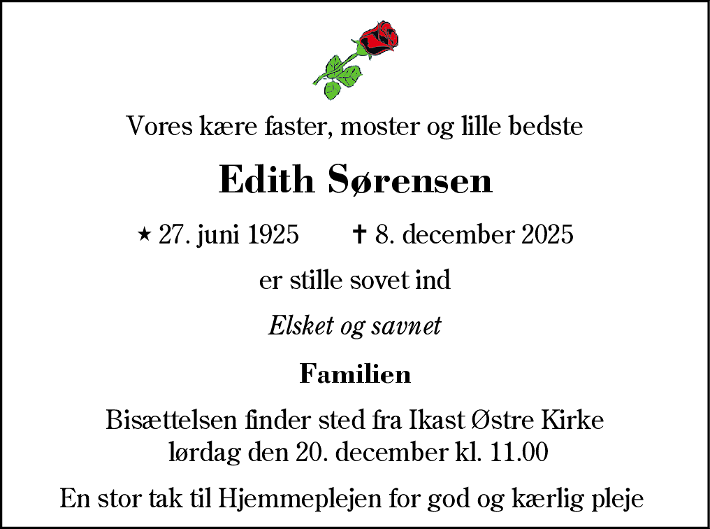 Dødsannonce for Edith Sørensen