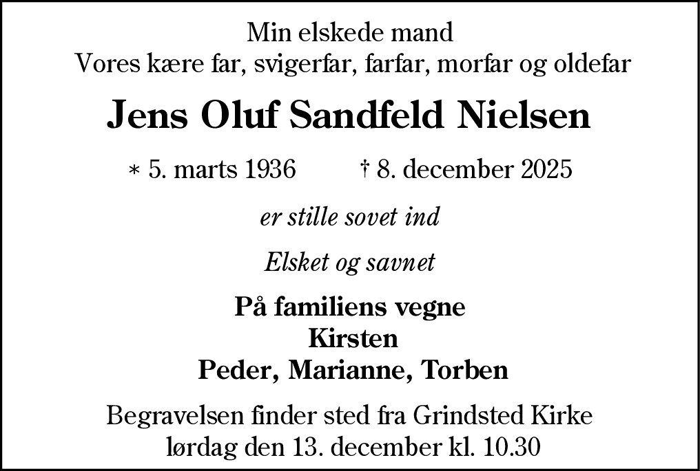 Dødsannonce for Jens Oluf Sandfeld Nielsen